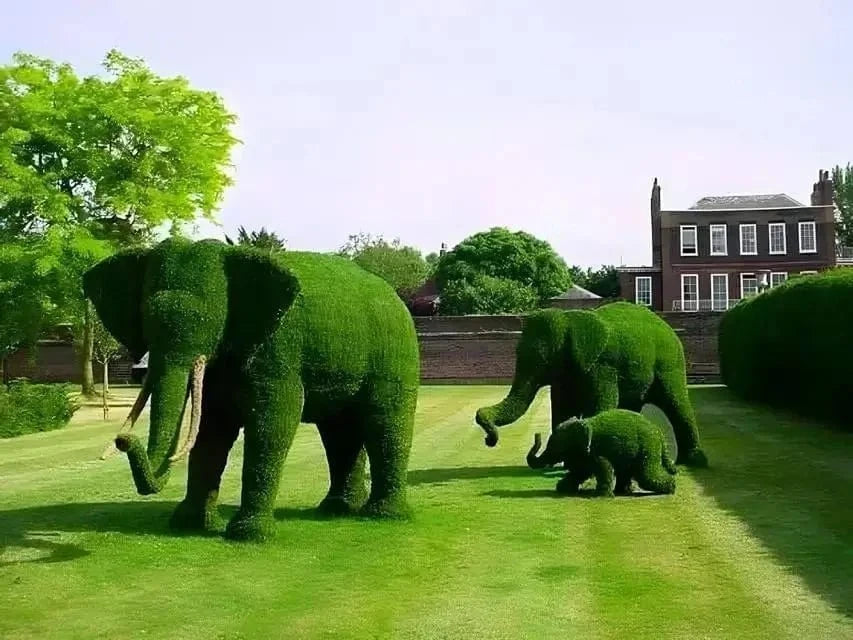 Lush green topiary elephants sculpted from dense foliage in Topiary Moss